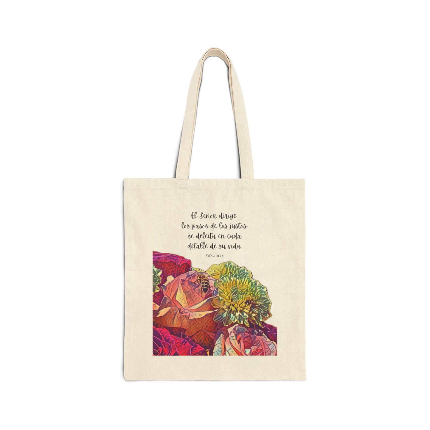 Bee & Bouquet Canvas Tote — “El Señor dirige tus pasos."