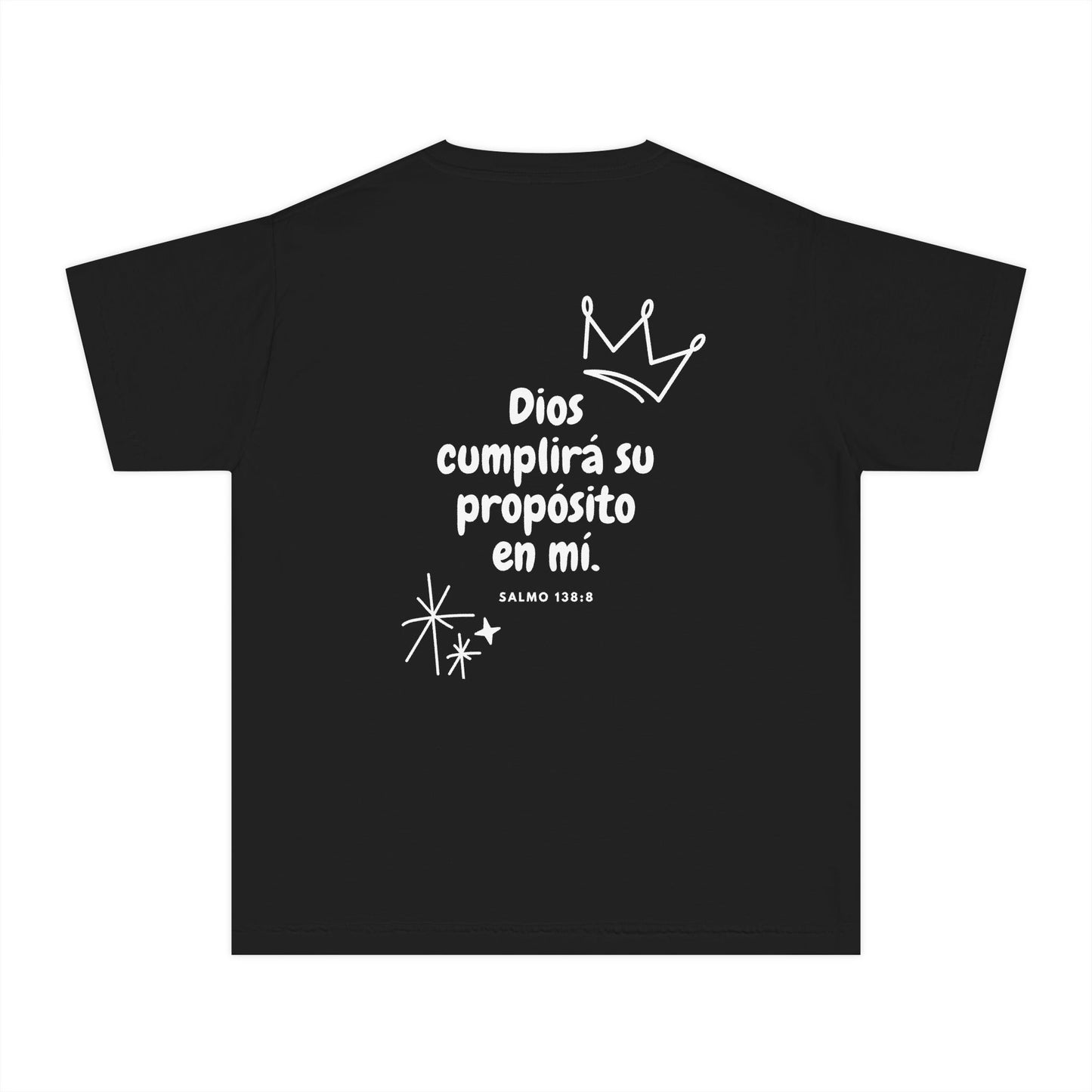Black Christian t-shirt with Spanish Bible verse Salmo 138:8, crown and star graphics