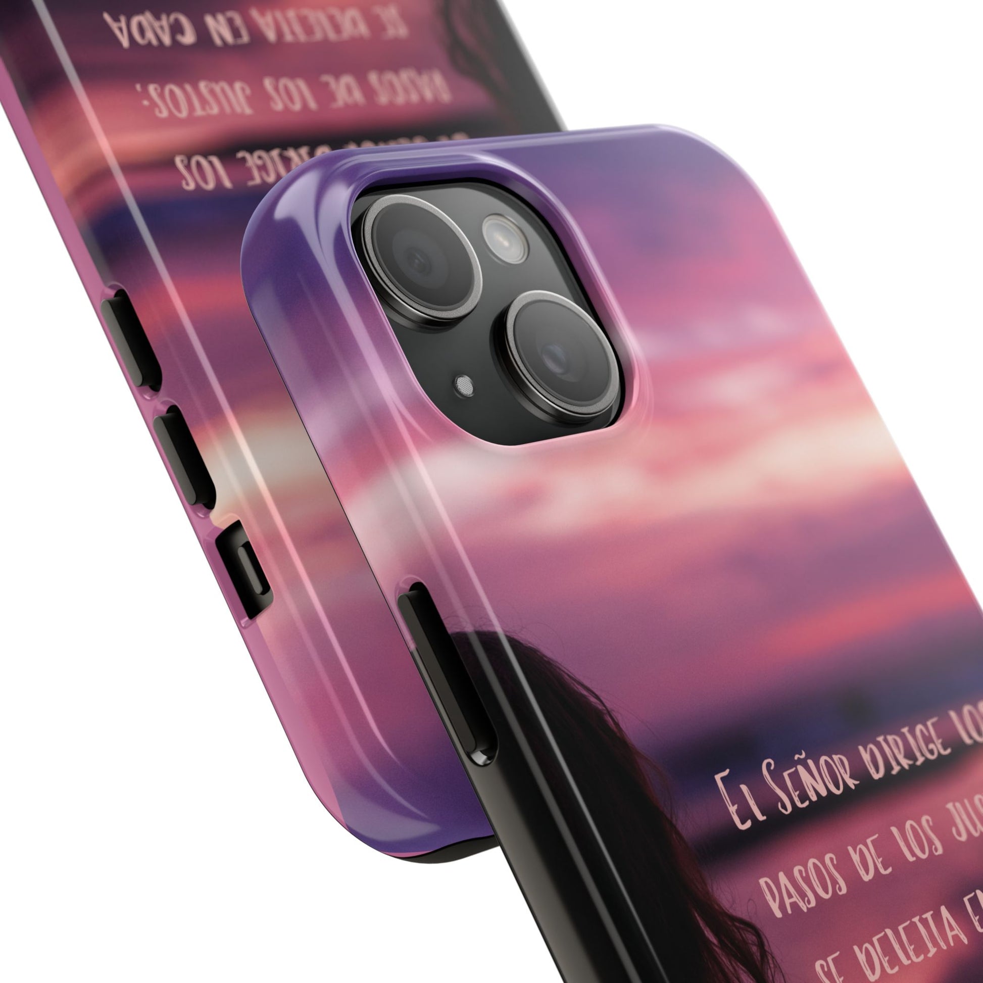 Purple sunset Christian phone case with Spanish Bible verse text