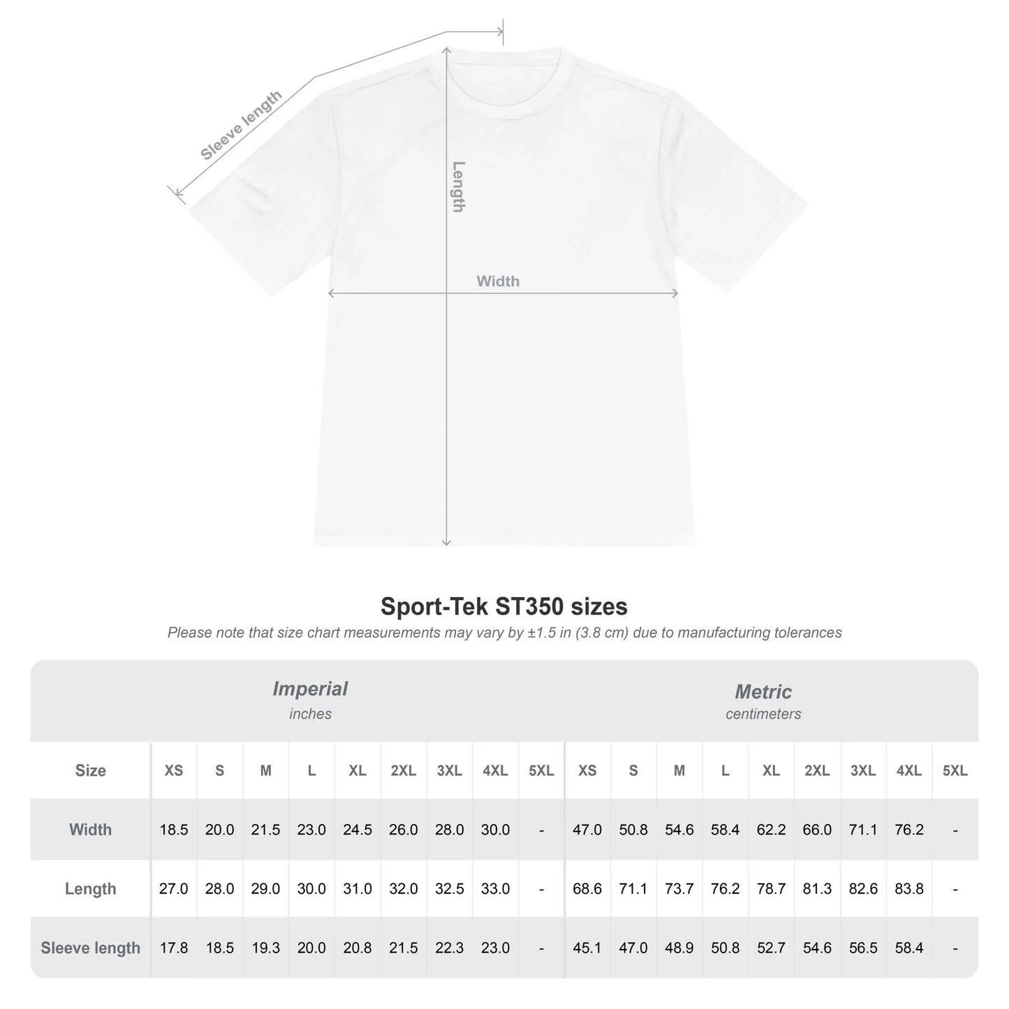 Sport-Tek ST350 t-shirt size chart with width, length, and sleeve measurements in inches and centimeters.