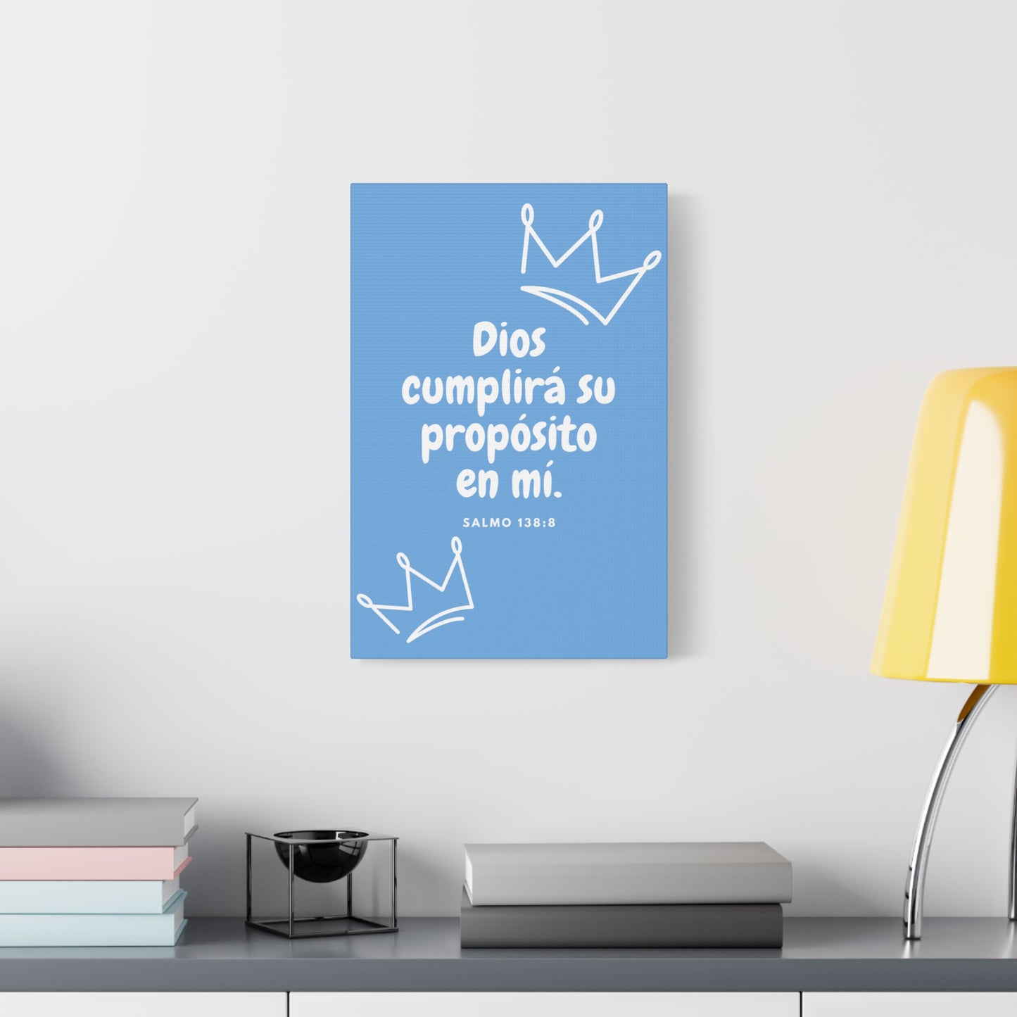 Christian Canvas Wall Art for Kids - Salmo 138:8 "Dios cumplirá su propósito en mi" - Cuadro Decorativo Cristiano para Espacio Infantil - Azul