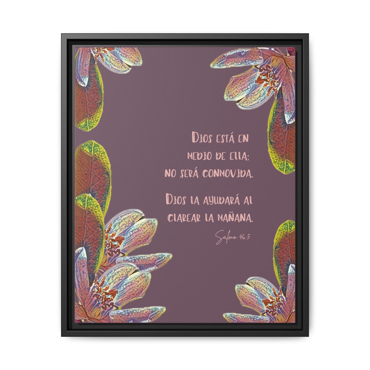 Christian wall art with Psalm 46:5 in Spanish, floral accents, purple background in black frame