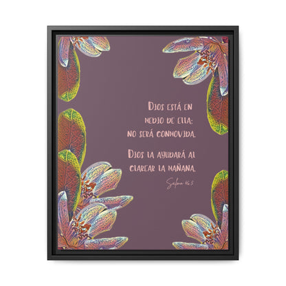 Christian wall art with Psalm 46:5 in Spanish, floral accents, purple background in black frame