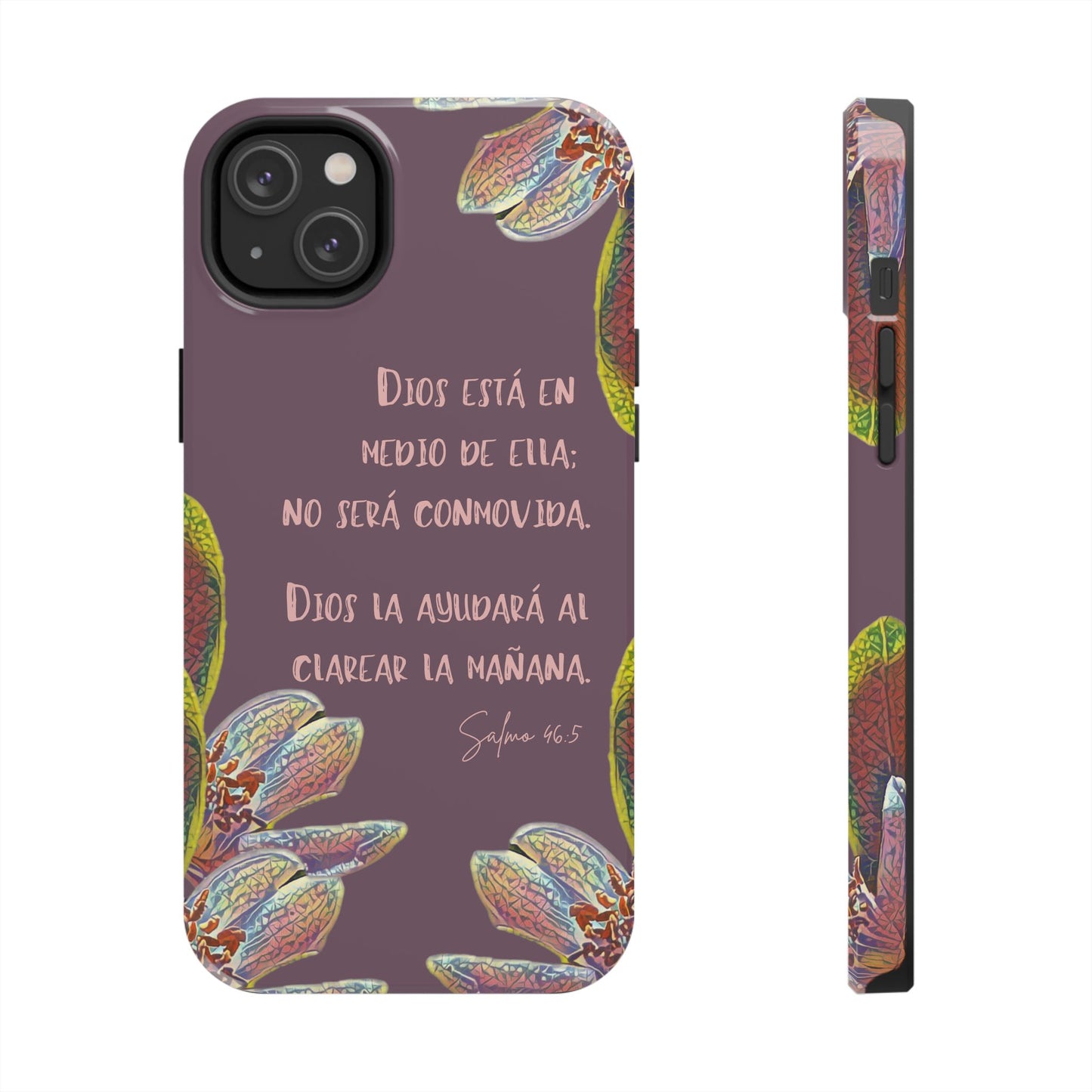 Purple Christian phone case with floral design and Psalm 46:5 Bible verse in Spanish