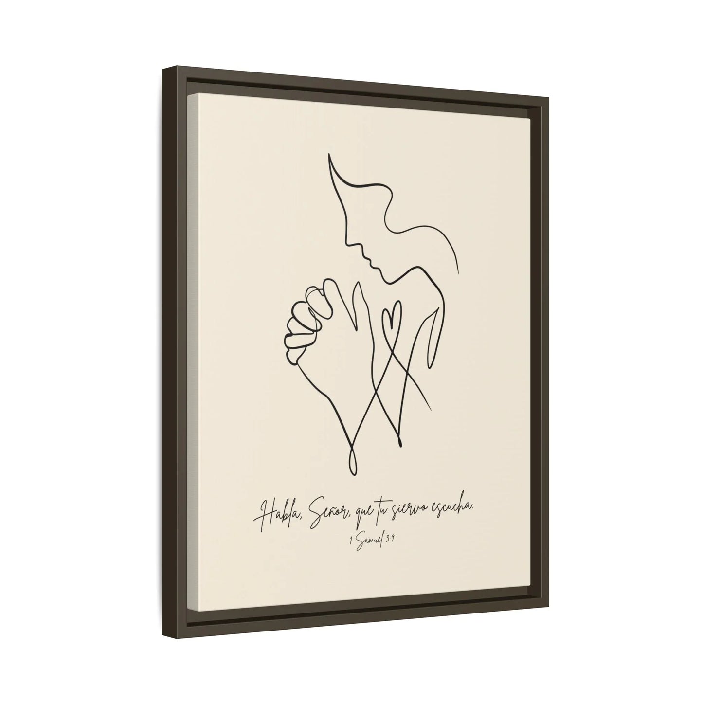 Minimalist Christian wall art of praying figure with Spanish Bible verse, black frame