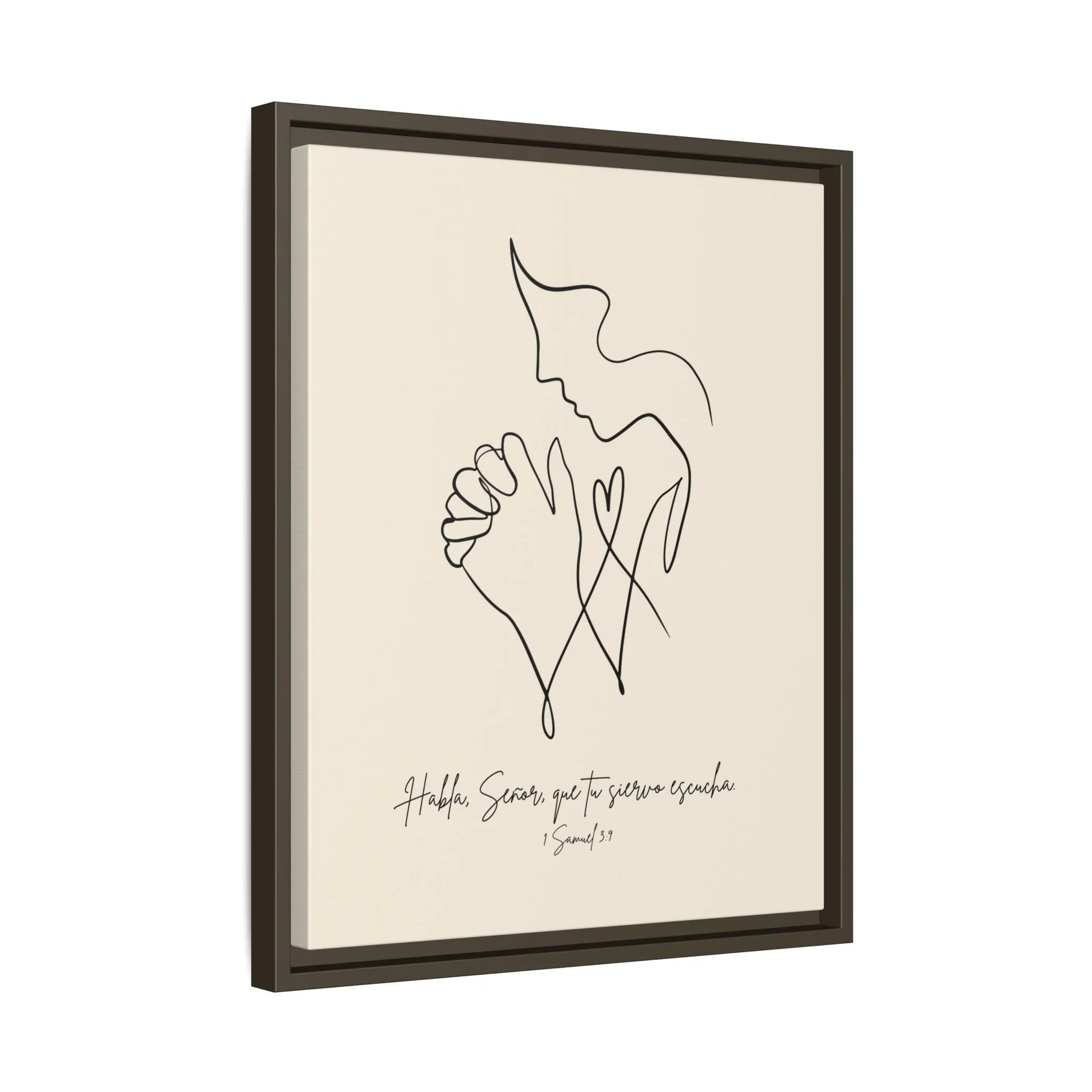 Minimalist Christian wall art of praying figure with Spanish Bible verse, black frame