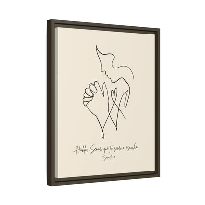 Minimalist Christian wall art of praying figure with Spanish Bible verse, black frame