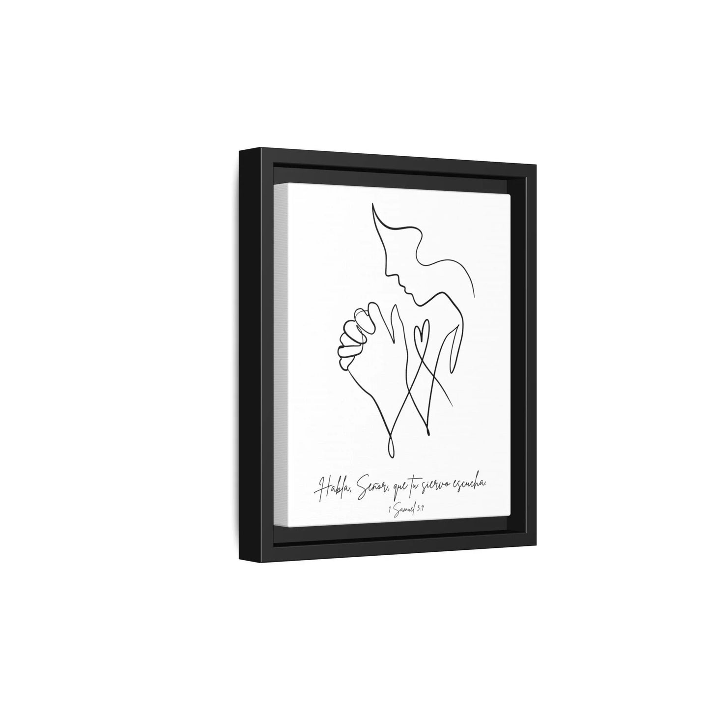 Modern Christian wall art with praying figure line drawing and Spanish Bible verse, black frame