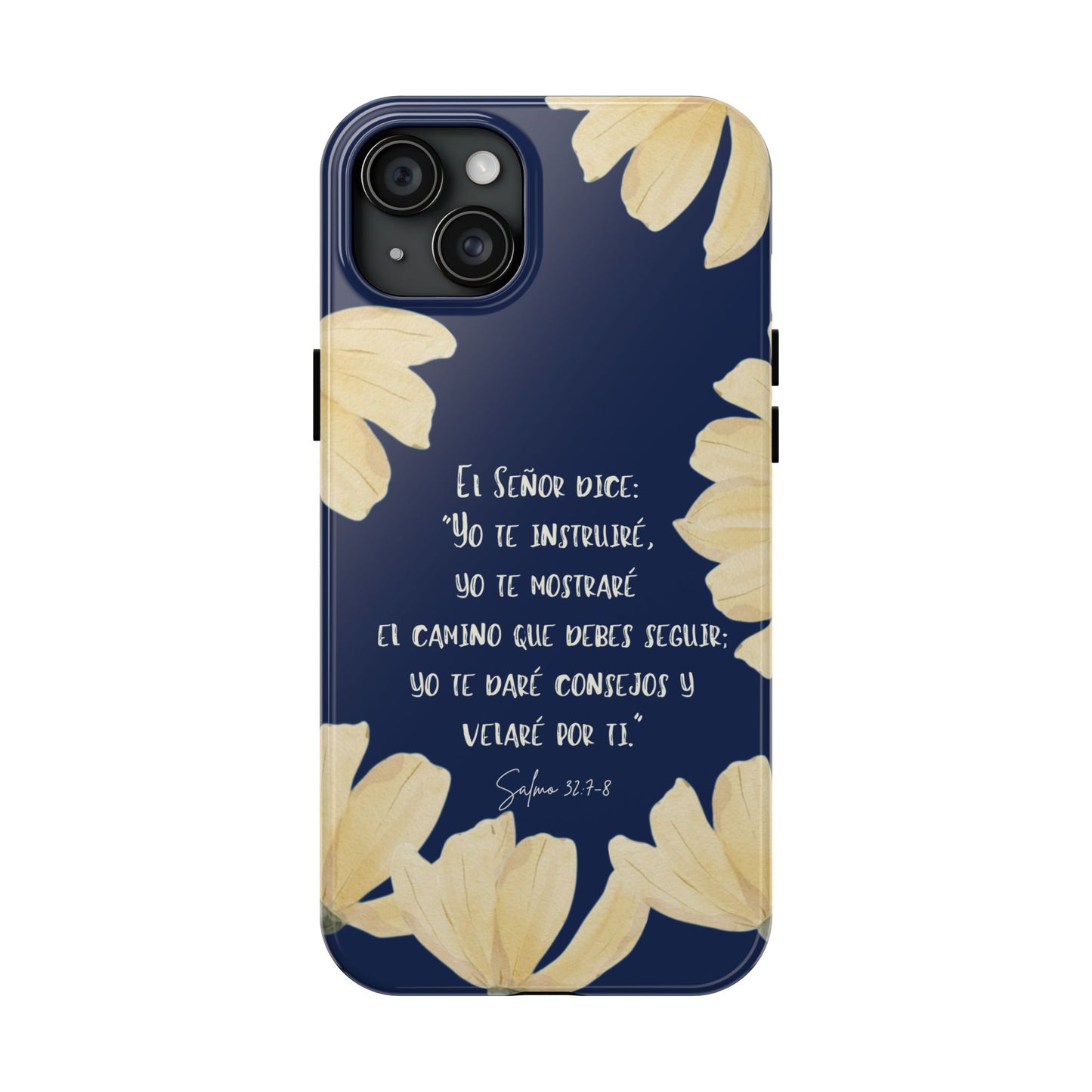 Navy blue phone case with cream floral design and Spanish inspirational Bible verse text.