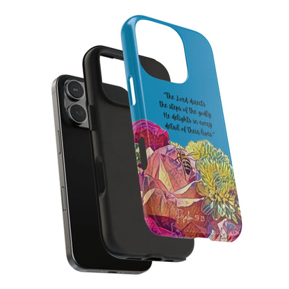 Christian floral phone case with Psalm 37:23 verse and colorful botanical design