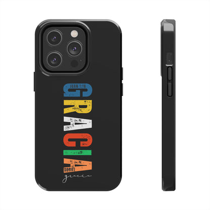 Black Christian phone case with colorful 'Gracia sobre gracia' Scripture design, Spanish faith gift