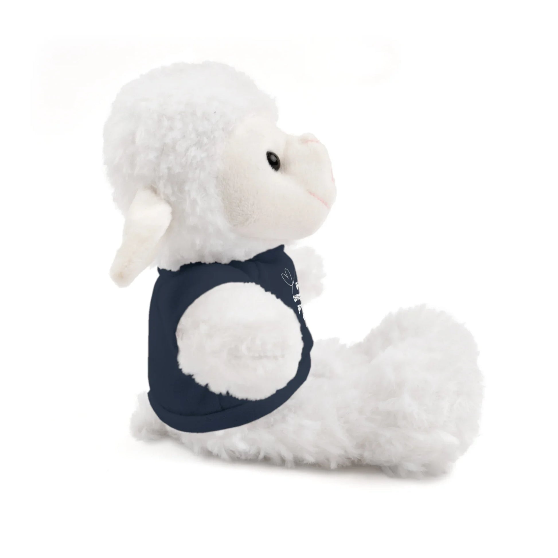 Plush white lamb stuffed animal wearing a navy blue shirt, side view