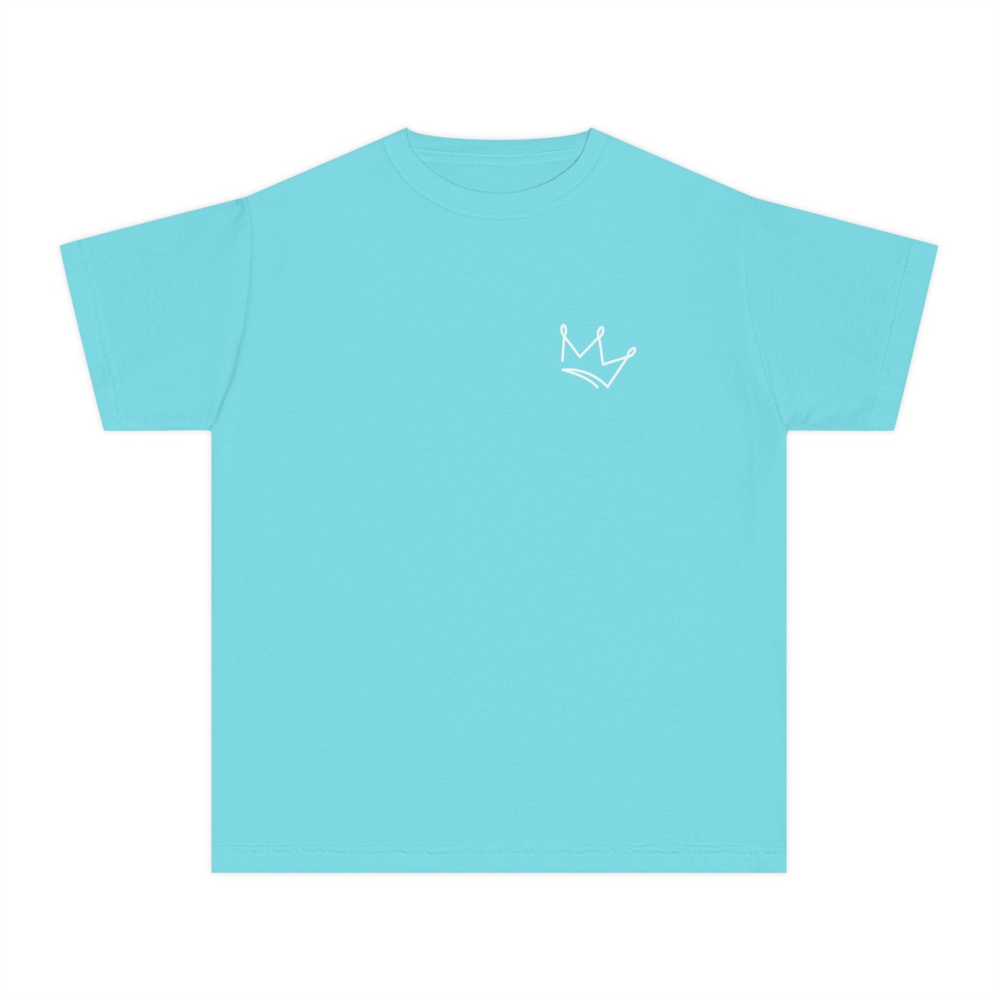 Light blue Christian t-shirt with white minimalist crown design on chest