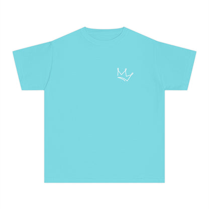 Light blue Christian t-shirt with white minimalist crown design on chest
