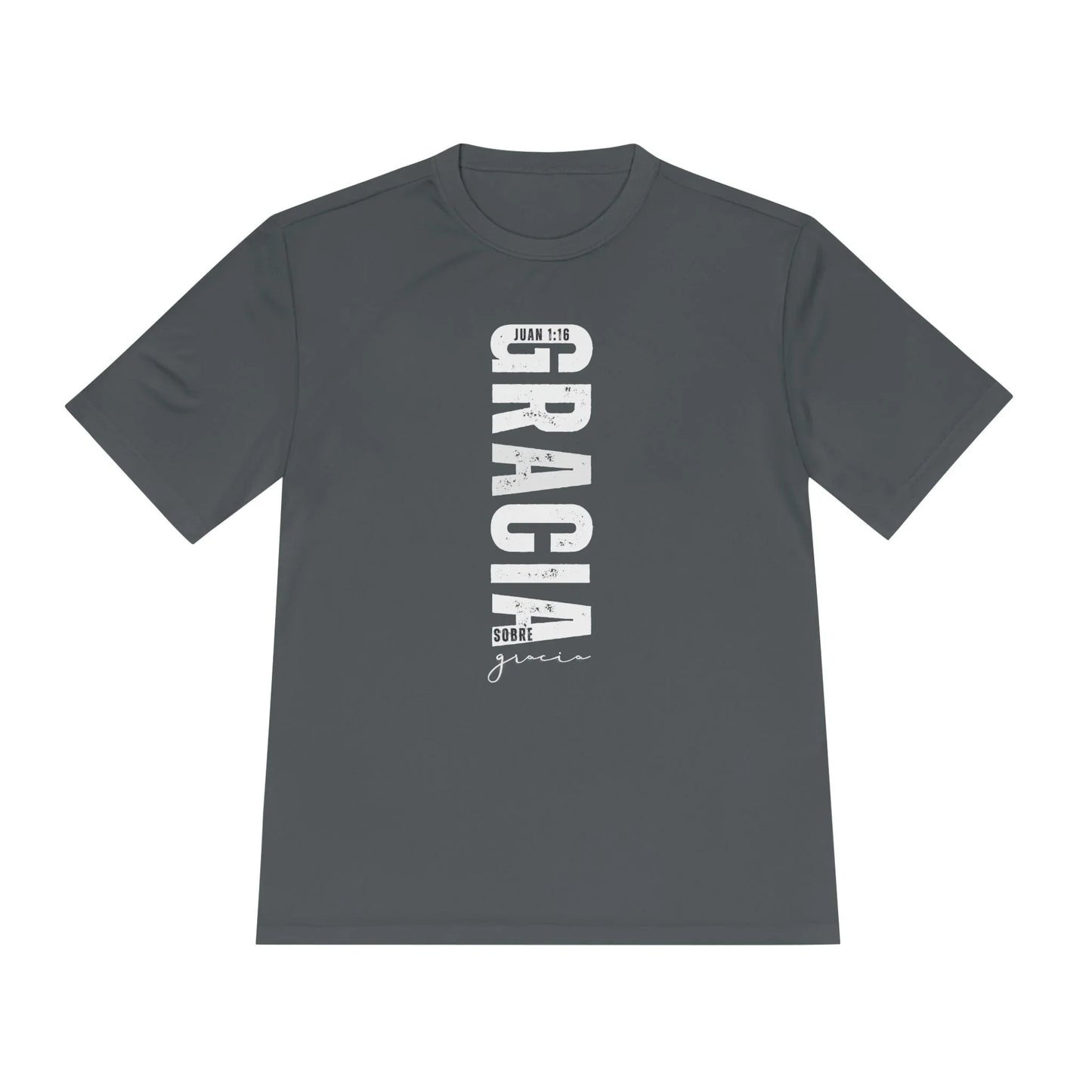 Dark gray Christian t-shirt with 'Gracia sobre gracia' and John 1:16 Scripture in Spanish.