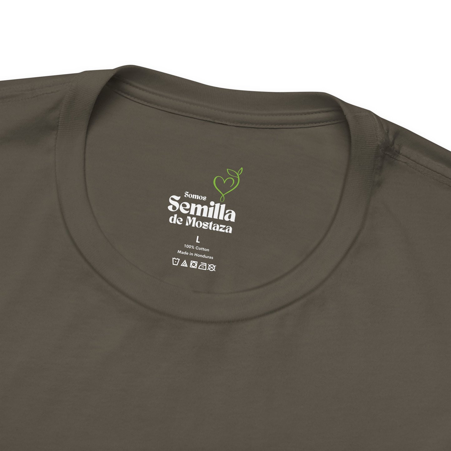 Olive green Christian t-shirt with 'Somos Semilla de Mostaza' text and plant graphic inside collar