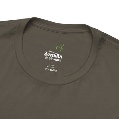 Olive green Christian t-shirt with 'Somos Semilla de Mostaza' text and plant graphic inside collar