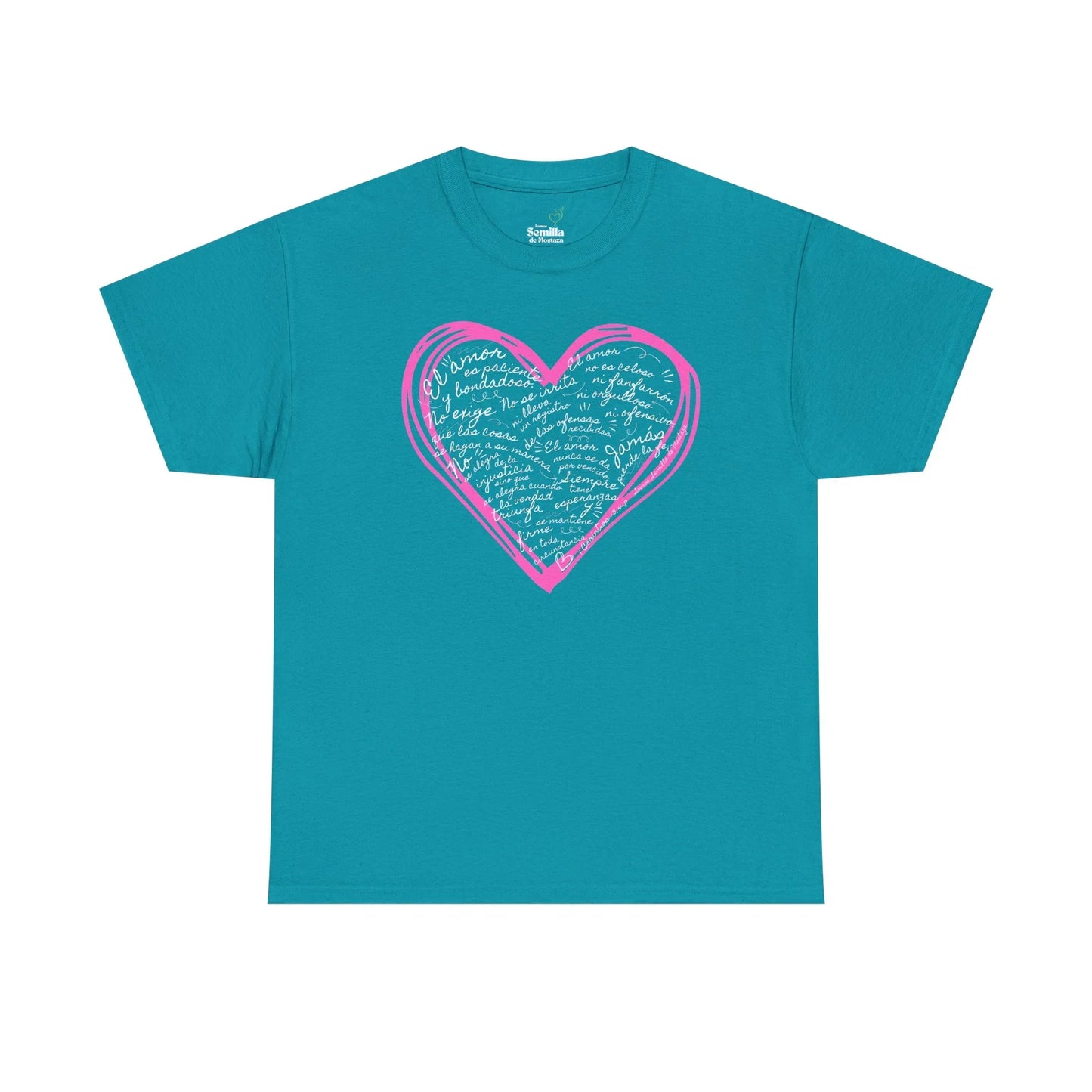 Teal Christian t-shirt with pink heart and Spanish inspirational words in script