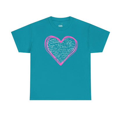 Teal Christian t-shirt with pink heart and Spanish inspirational words in script