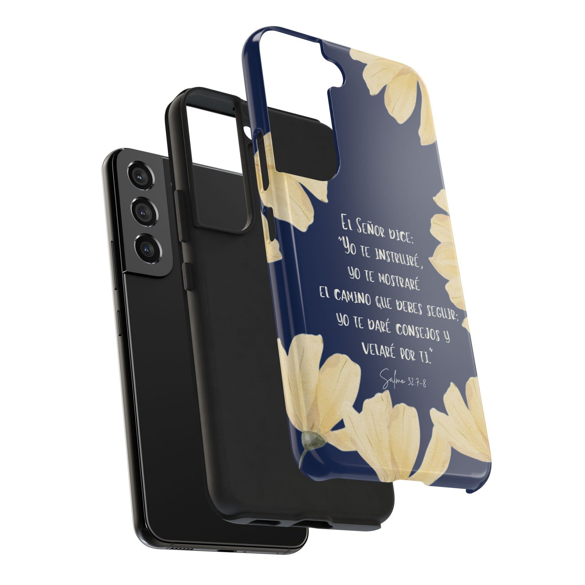 Spanish Bible verse phone case with yellow floral design for modern Christian inspiration