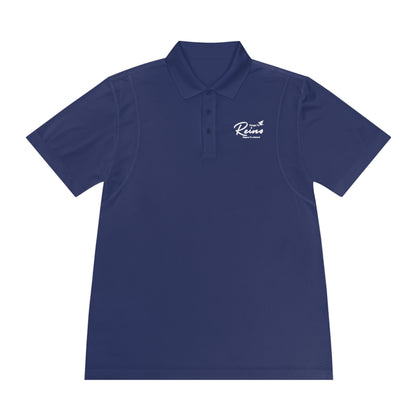 Navy blue Christian polo shirt with white embroidered faith-inspired text and dove graphic