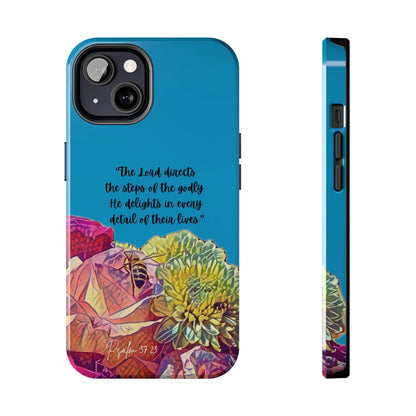 Blue Christian phone case with Psalm 37:23 verse and colorful floral design