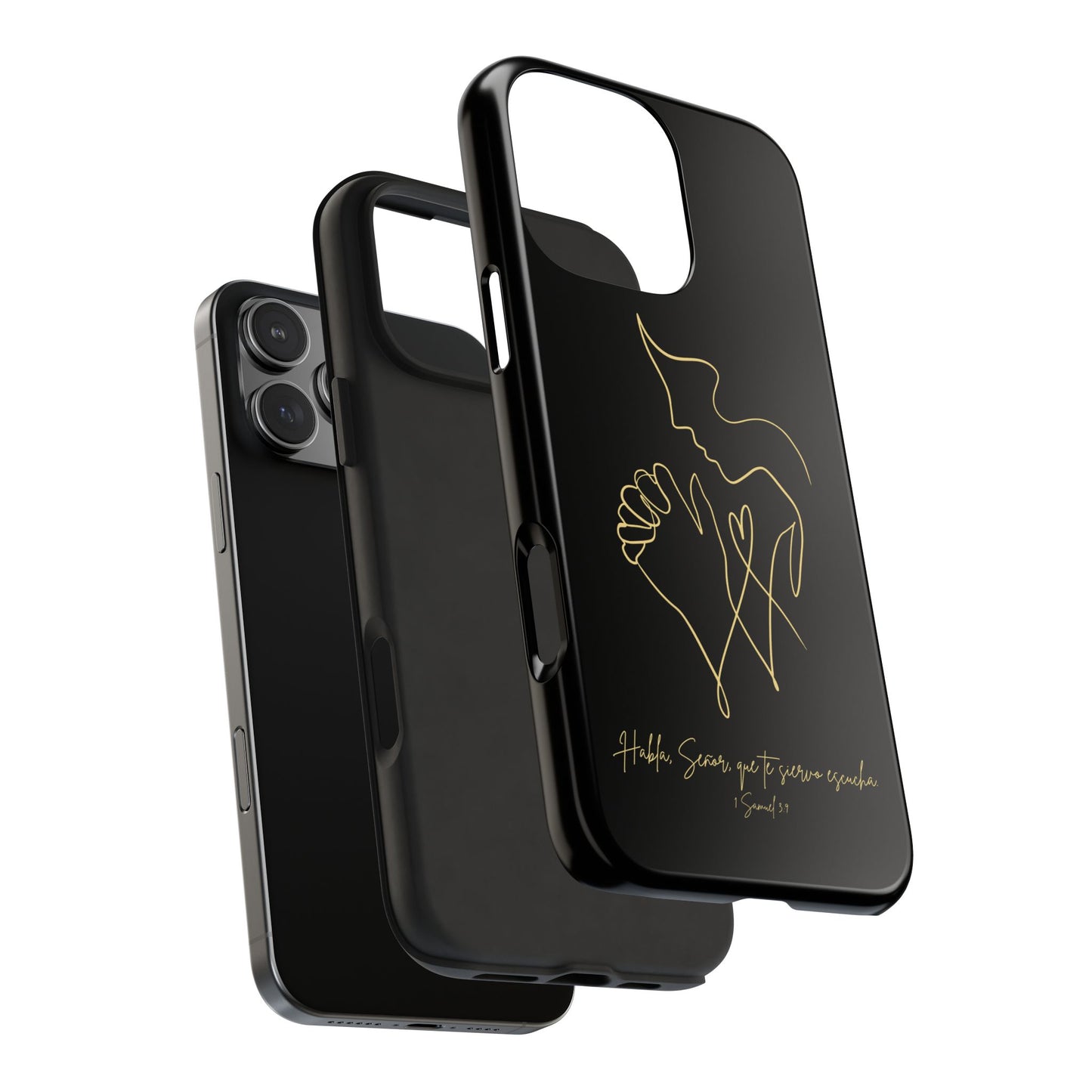 Black phone case with gold line art praying hands and Spanish scripture quote design