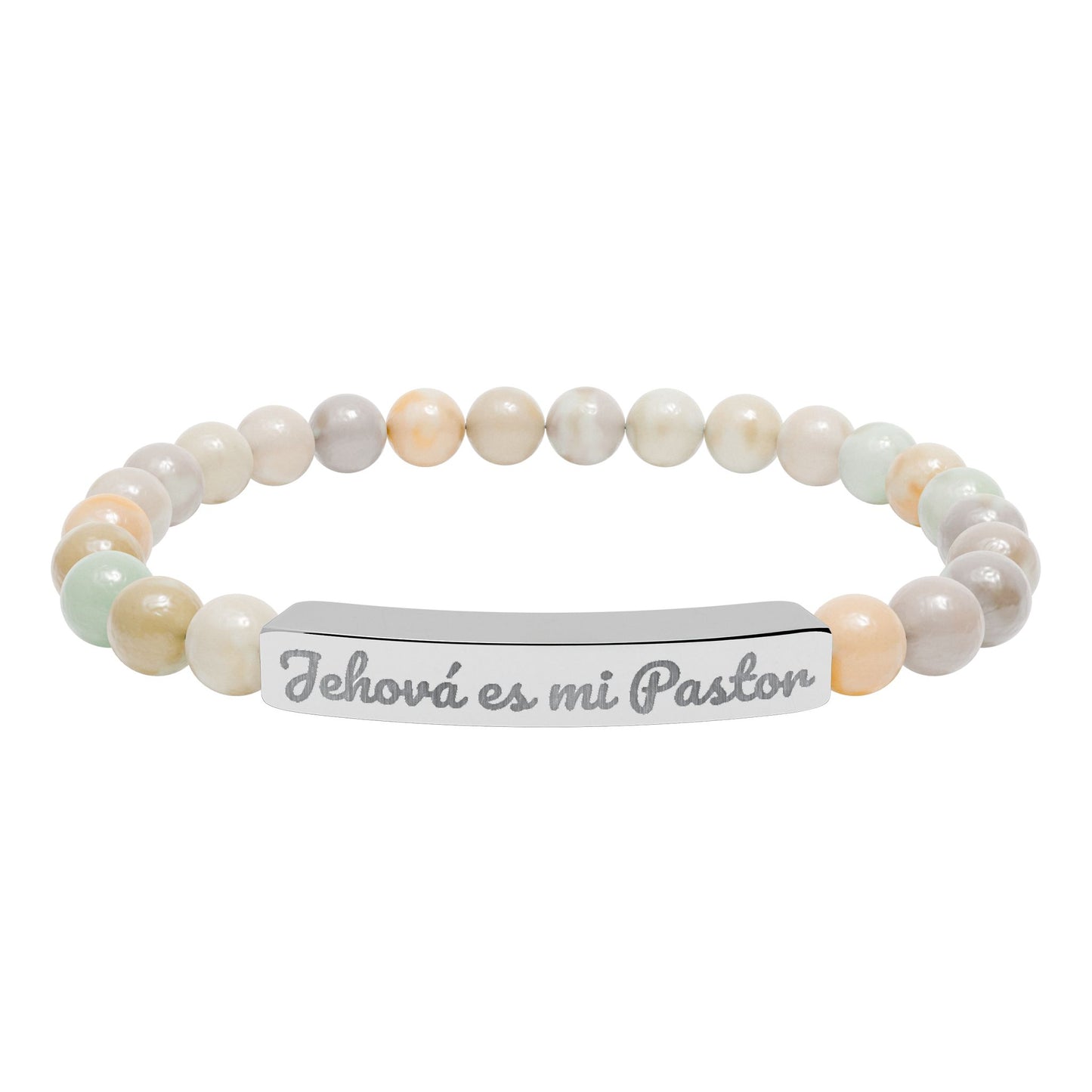 Natural stone Christian bracelet with engraved 'Jehová es mi Pastor' silver bar