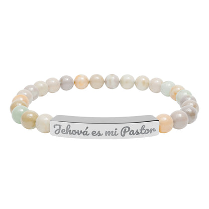 Natural stone Christian bracelet with engraved 'Jehová es mi Pastor' silver bar