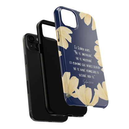 Christian phone case with Spanish Psalm 32:7-8, yellow flowers on dark blue background