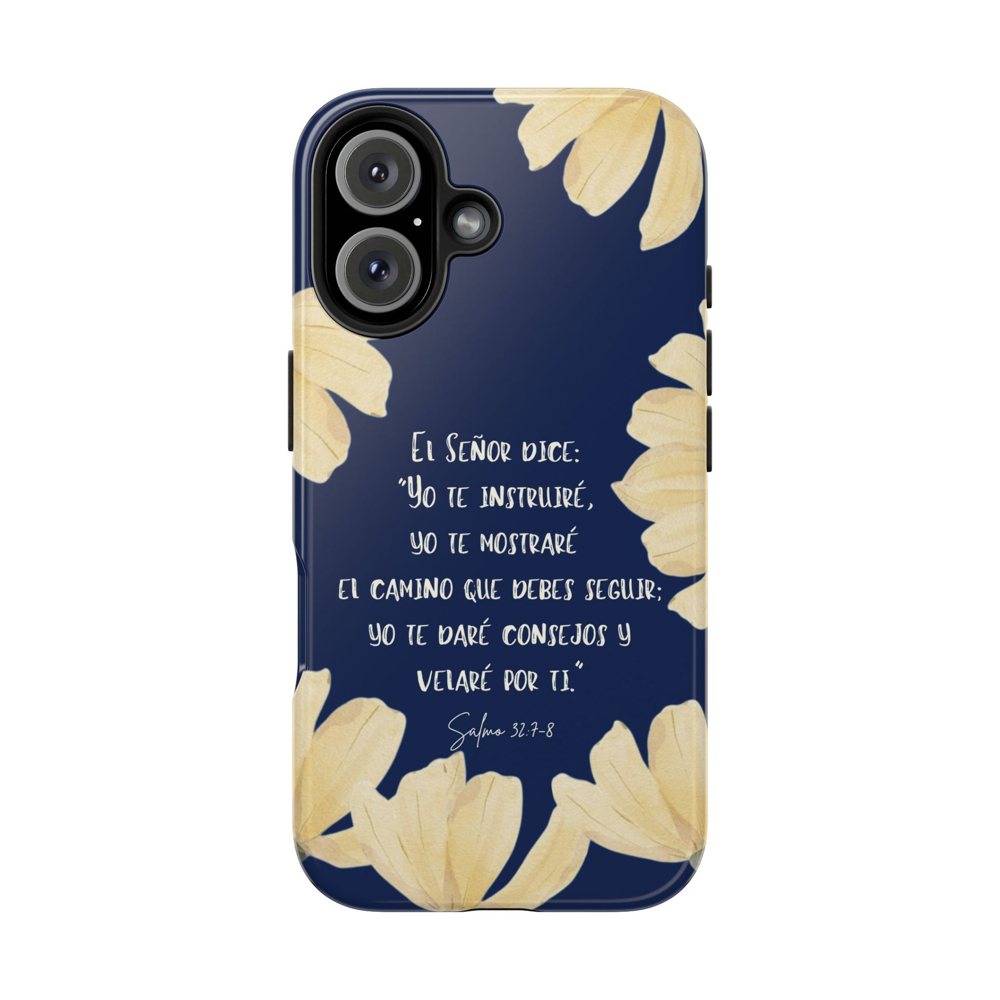 Navy floral Christian phone case with Spanish Bible verse, yellow flowers, inspirational text.