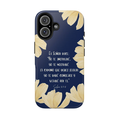 Navy floral Christian phone case with Spanish Bible verse, yellow flowers, inspirational text.