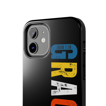 Black phone case with colorful Spanish text and scripture reference Juan 1:16