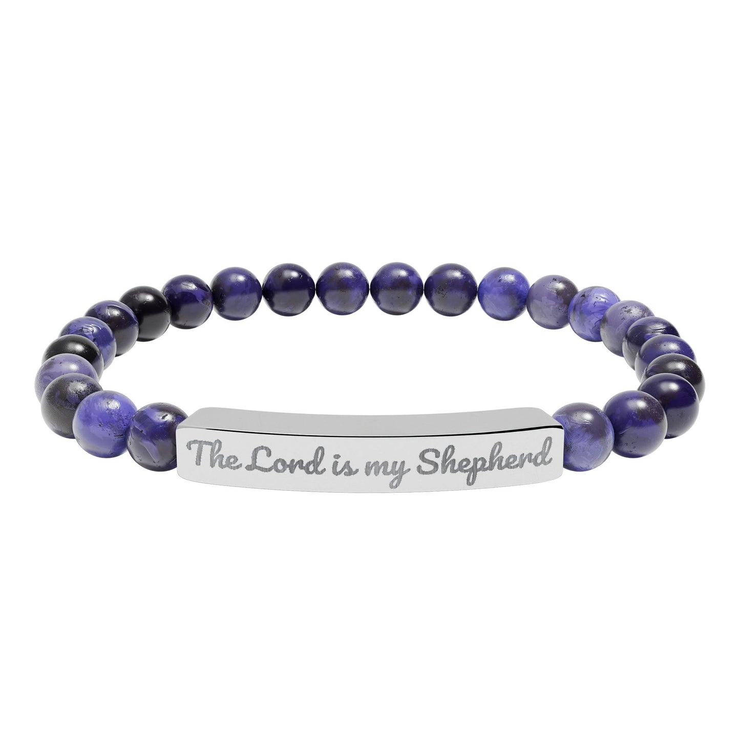 Christian beaded bracelet with purple stones and engraved 'The Lord is my Shepherd' bar