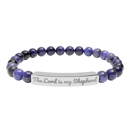 Christian beaded bracelet with purple stones and engraved 'The Lord is my Shepherd' bar