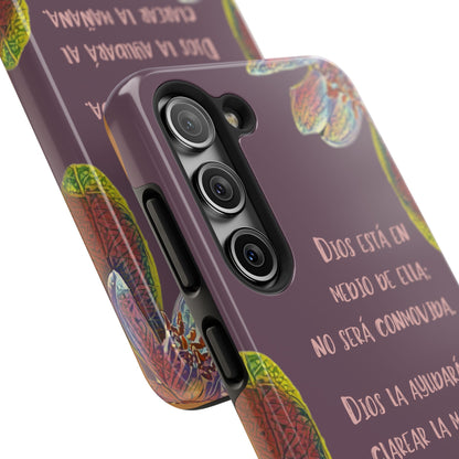 Christian phone case with Spanish Bible verse and colorful leaf accents, purple background