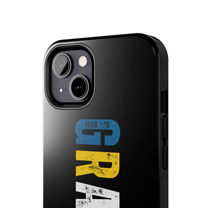 Black phone case with colorful distressed text, 'GRACIA Juan 1:16,' Christian verse design.