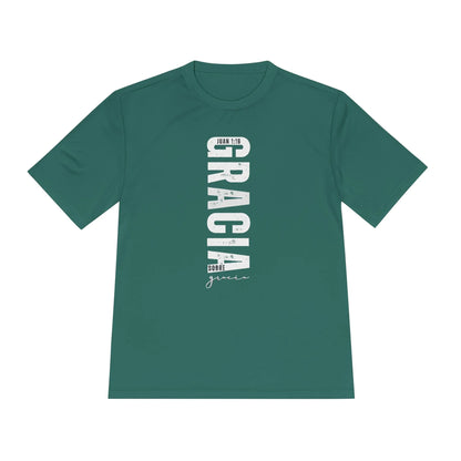 Green Christian t-shirt with vertical white Spanish text Juan 1:16 Gracia sobre gracia