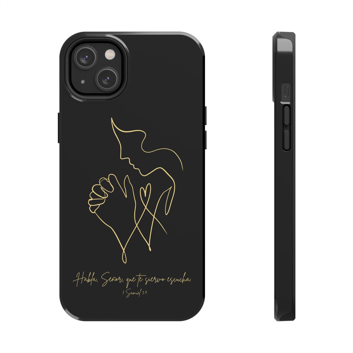 Black phone case with gold line art of praying figure and Spanish Scripture, Christian gift