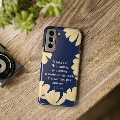 Christian phone case with floral design and Spanish Scripture on wooden desk