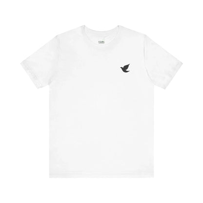 White Christian t-shirt with minimalist black dove graphic on chest, faith-inspired apparel
