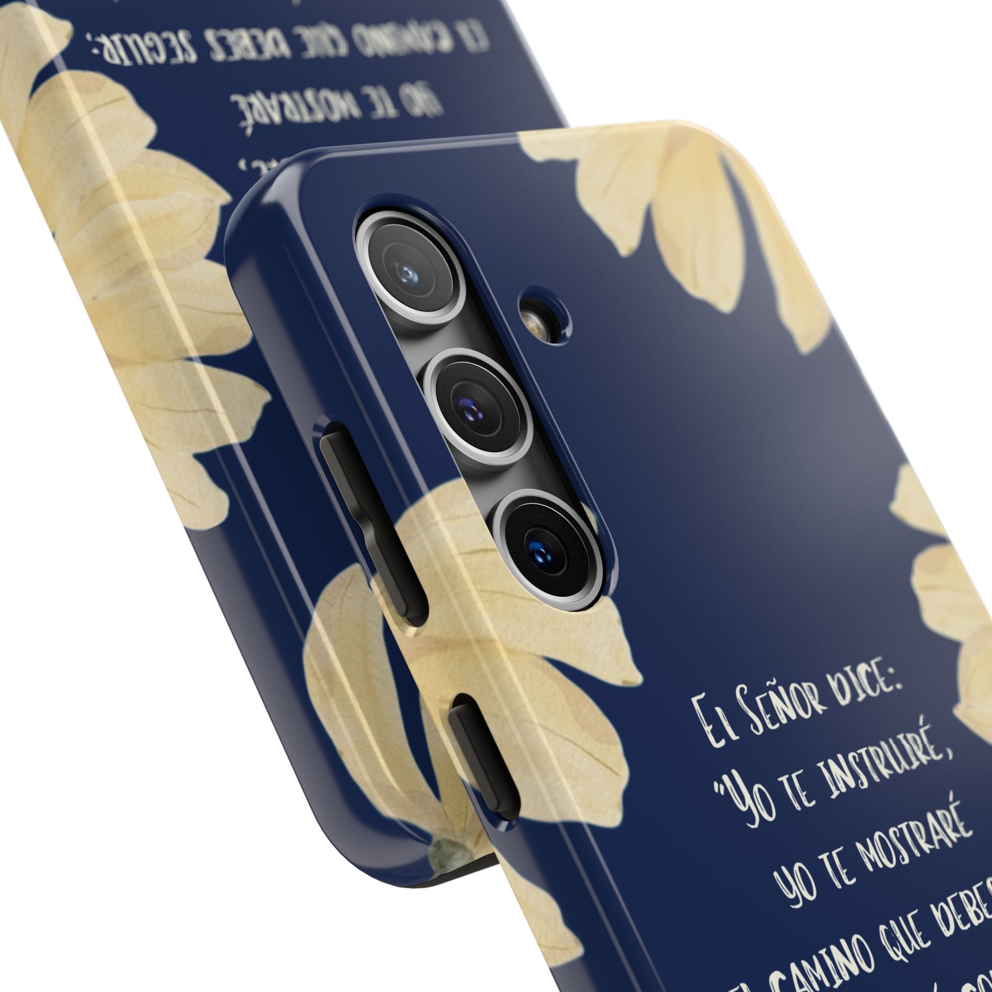 Navy blue Christian phone case with yellow floral design and Spanish Bible verse text