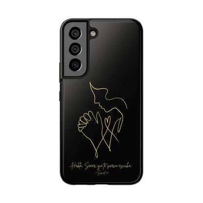 Black phone case with gold line art of praying hands and inspirational Spanish Bible verse