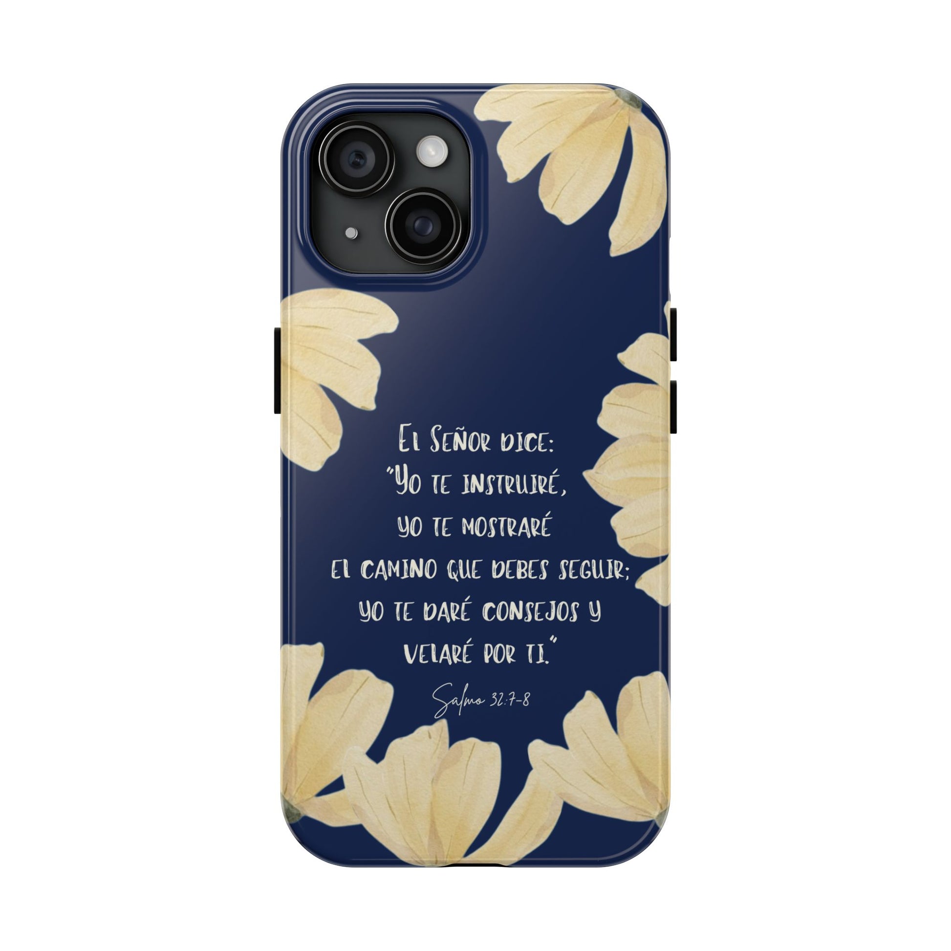 Navy blue phone case with yellow flowers and Spanish Psalm 32:7-8 Scripture text.