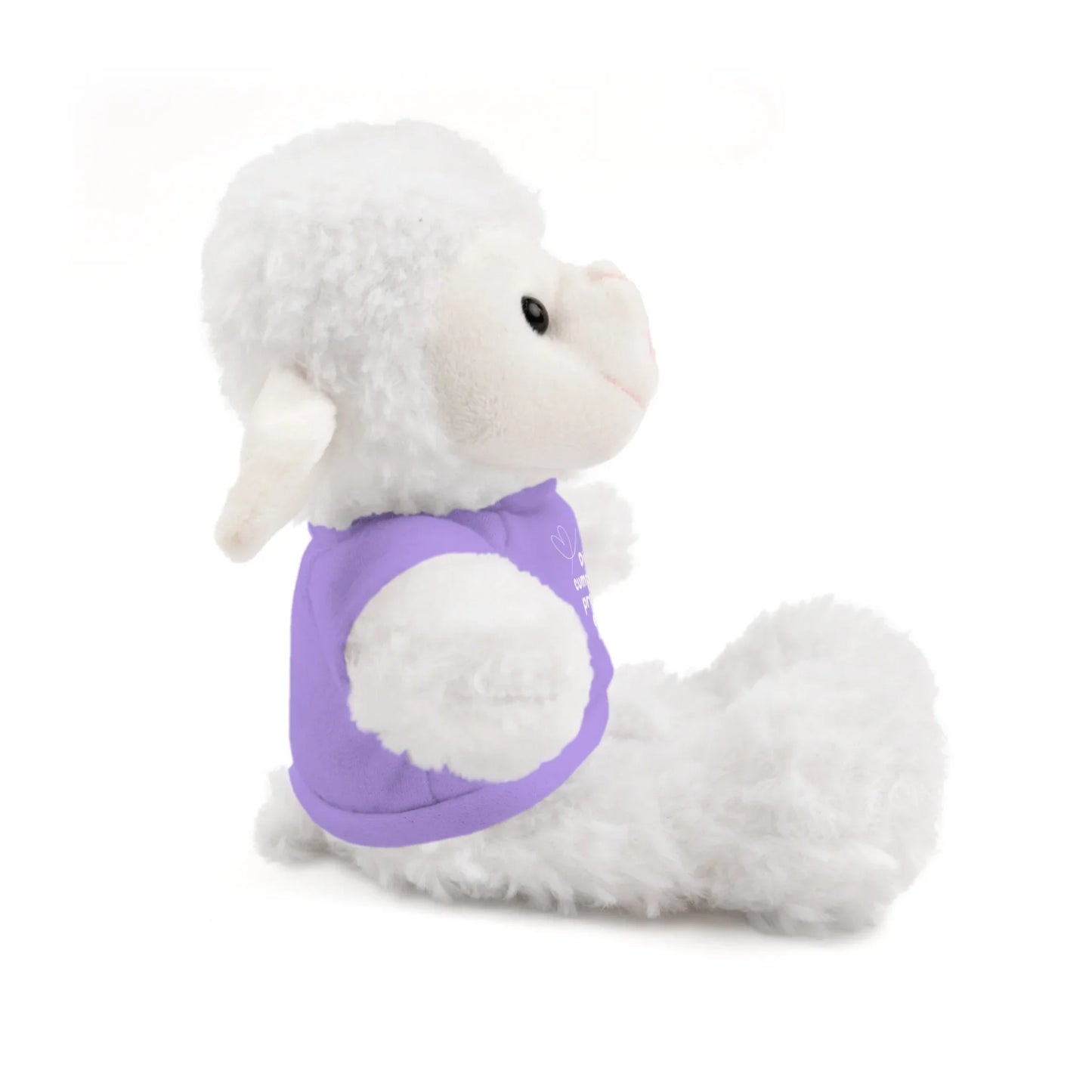 Plush white lamb toy with soft fur and purple vest on white background