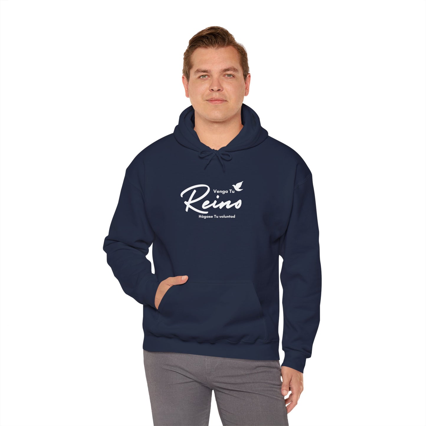 Man wearing navy Christian hoodie with Spanish faith text and dove graphic on front