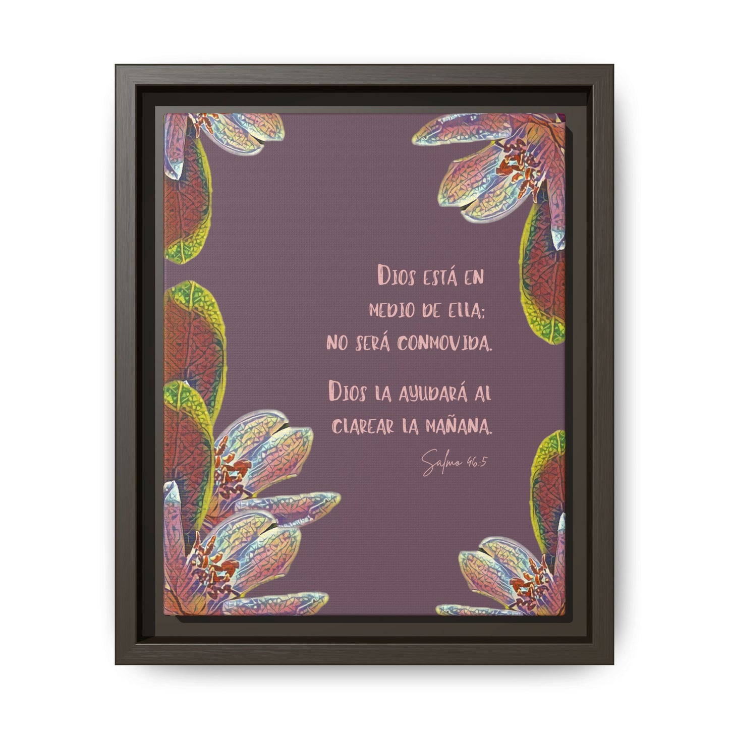 Framed Christian wall art with Spanish Scripture, floral border on purple background