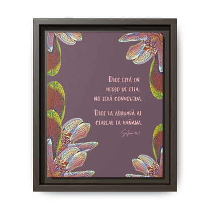 Framed Christian wall art with Spanish Scripture, floral border on purple background
