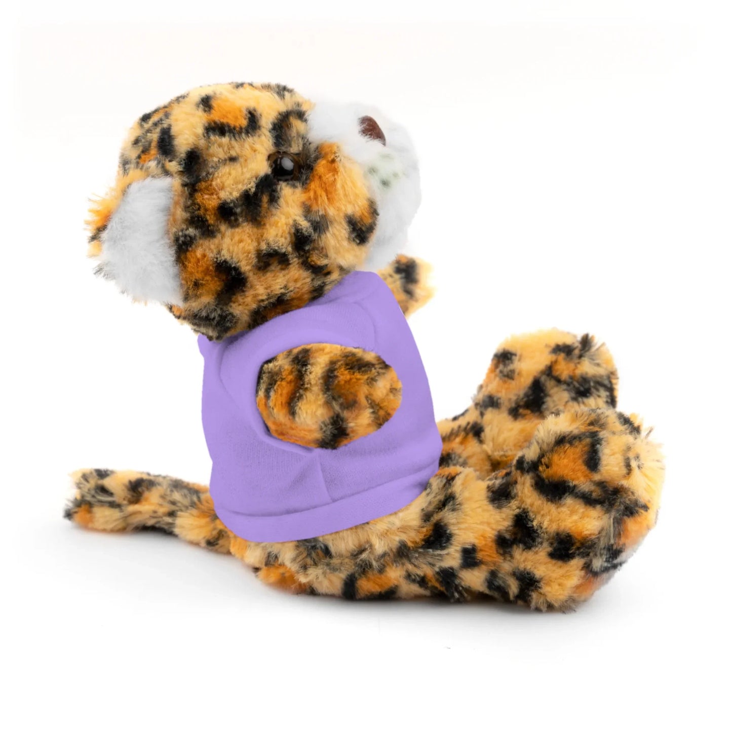 Plush leopard toy wearing a purple shirt, Christian faith gift, white background
