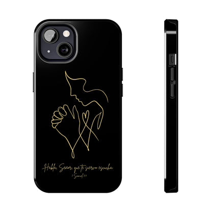 Black Christian phone case with gold outline art of praying hands and Spanish Scripture verse.